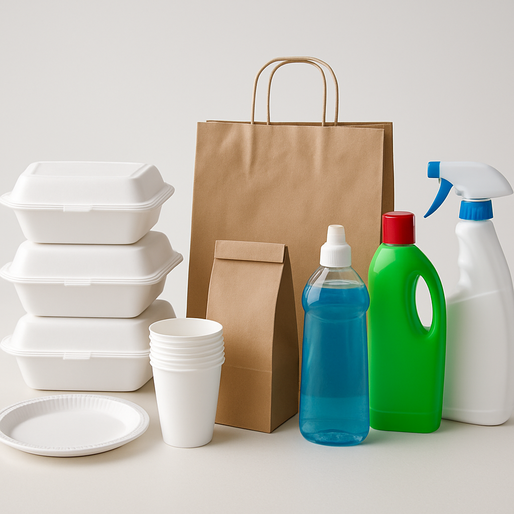 Variedade de embalagens, descartáveis e produtos de limpeza da D'Tudo